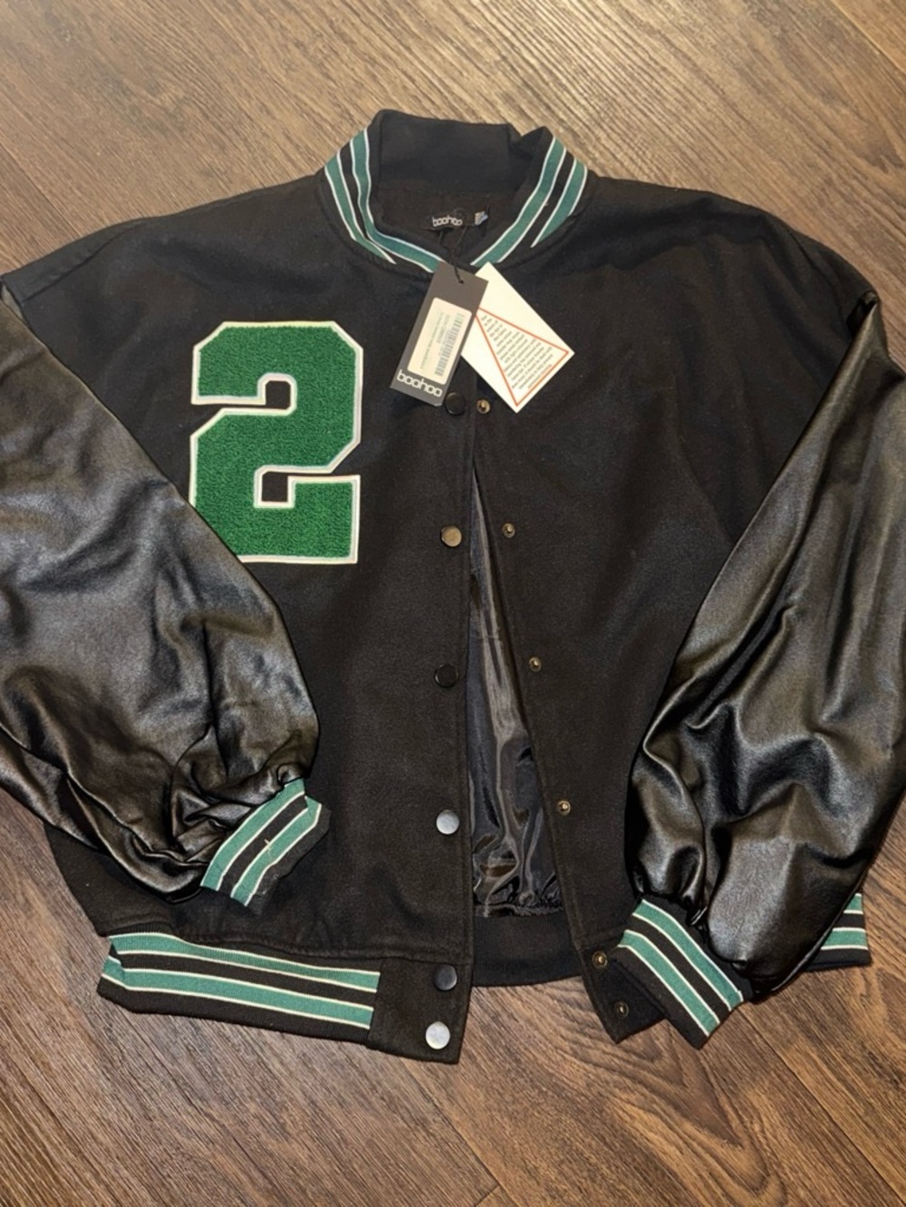 Boohoo Black Varsity Jacket with Green Patch